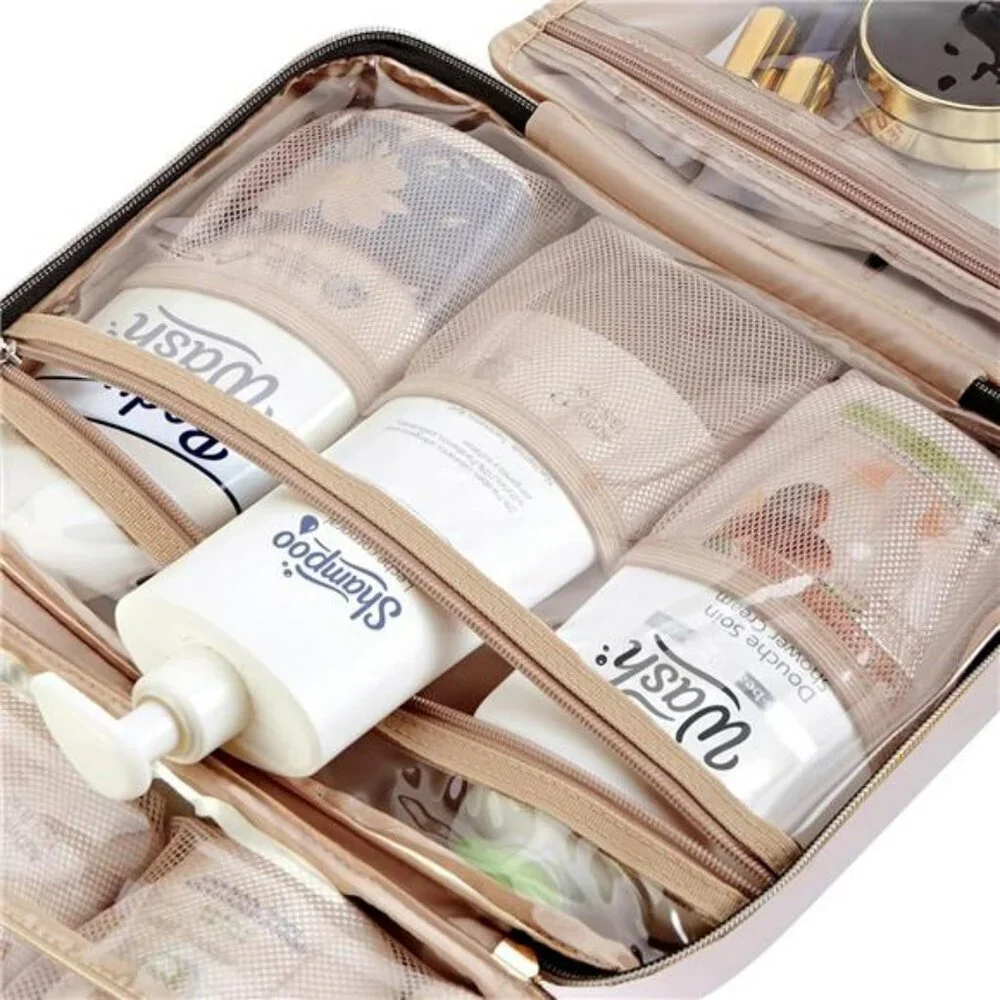 NISHEL Hanging Toiletry Bag Pink Travel Organizer for Full Size Bottles Makeup